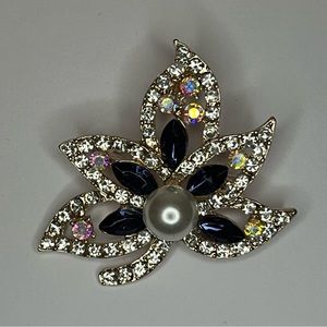 Vintage Flower Brooch Faux Pearl Blue Stones